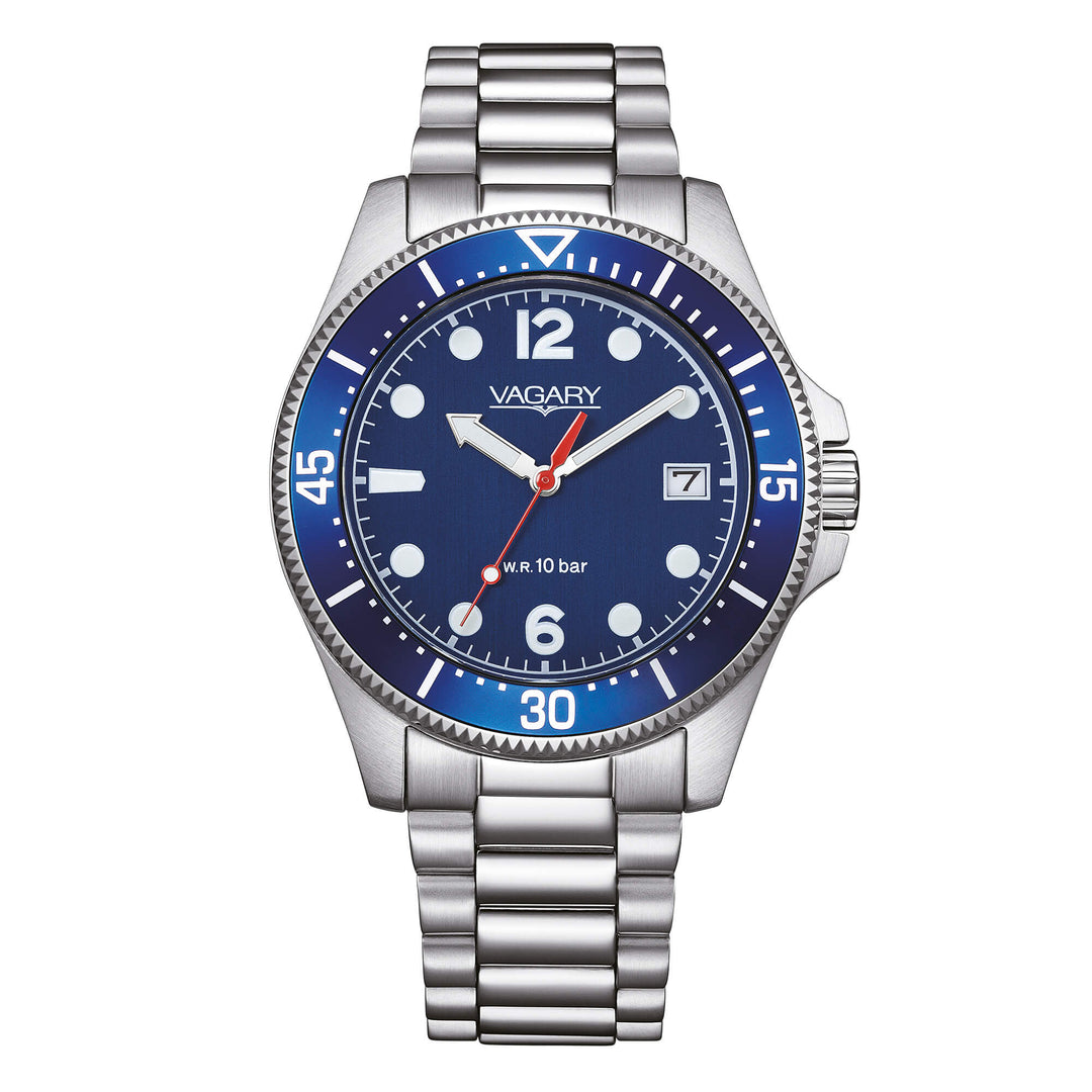 Vagary Aqua39 Solotempo VD5-317-71 - cassa e bracciale acciaio - quadrante e ghiera blu - datario