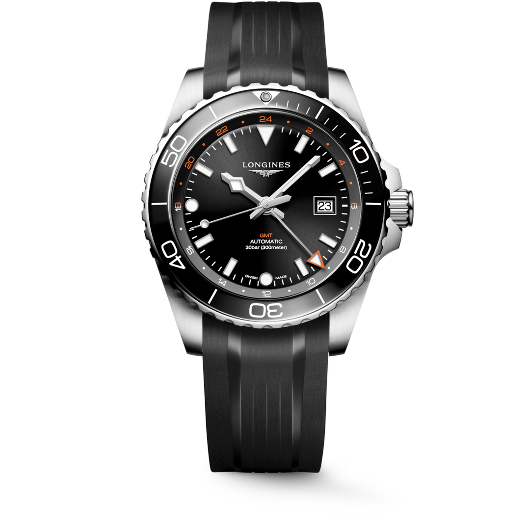 Quadrante nero a raggi di sole del Longines Hydroconquest GMT 43 mm con indici applicati e lancette argentate lucide con Swiss Super-LumiNova