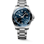 Load image into Gallery viewer, Quadrante blu a raggi di sole del Longines HydroConquest GMT 43 mm con indici applicati e lancette argentate lucide trattate con Swiss Super-LumiNova® e indicatore GMT a freccia.
