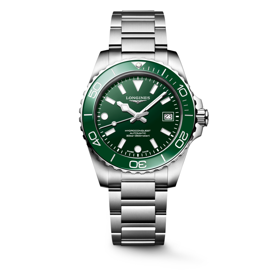 Longines Hydroconquest 39mm L3.779.4.06.6 - bracciale e cassa acciaio - quadrante verde smeraldo con datario - ghiera ceramica verde smeraldo 