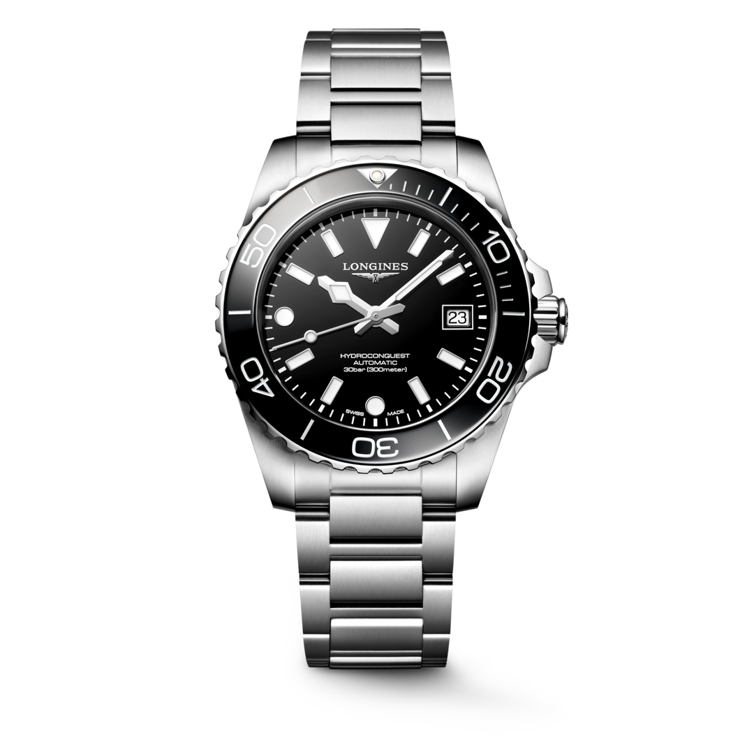 Longines Hydroconquest 39mm L3.779.4.56.6 - bracciale e cassa acciaio - quadrante nero laccato lucido con datario - ghiera nera