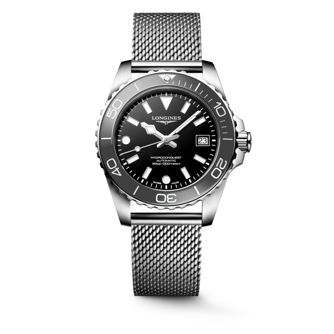 Longines Hydroconquest 39mm L3.779.4.70.6 - bracciale e cassa acciaio - quadrante nero laccato lucido con datario - ghiera grigia