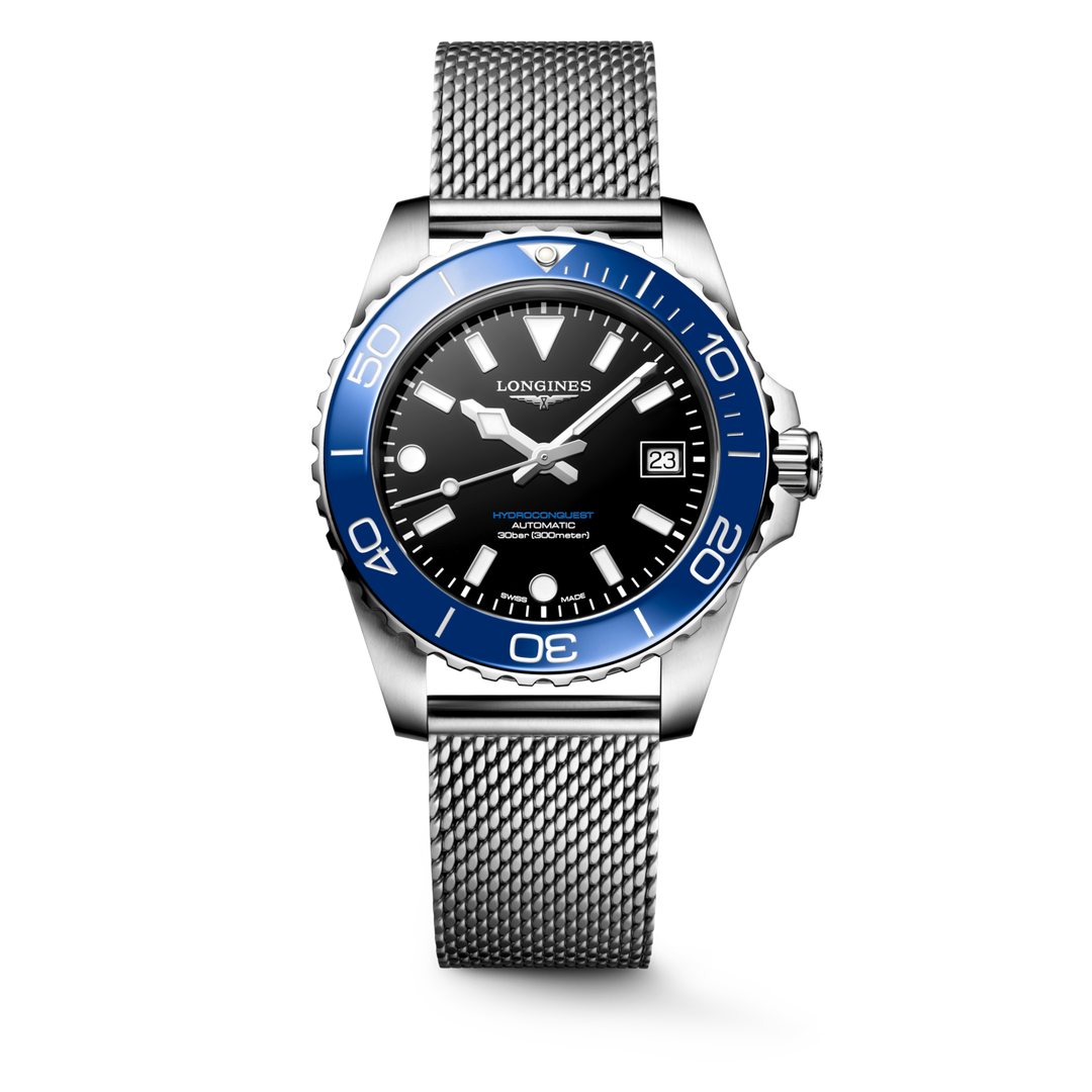 Longines Hydroconquest 39mm L3.779.4.90.6 - bracciale e cassa acciaio - quadrante nero laccato lucido - ghiera blu