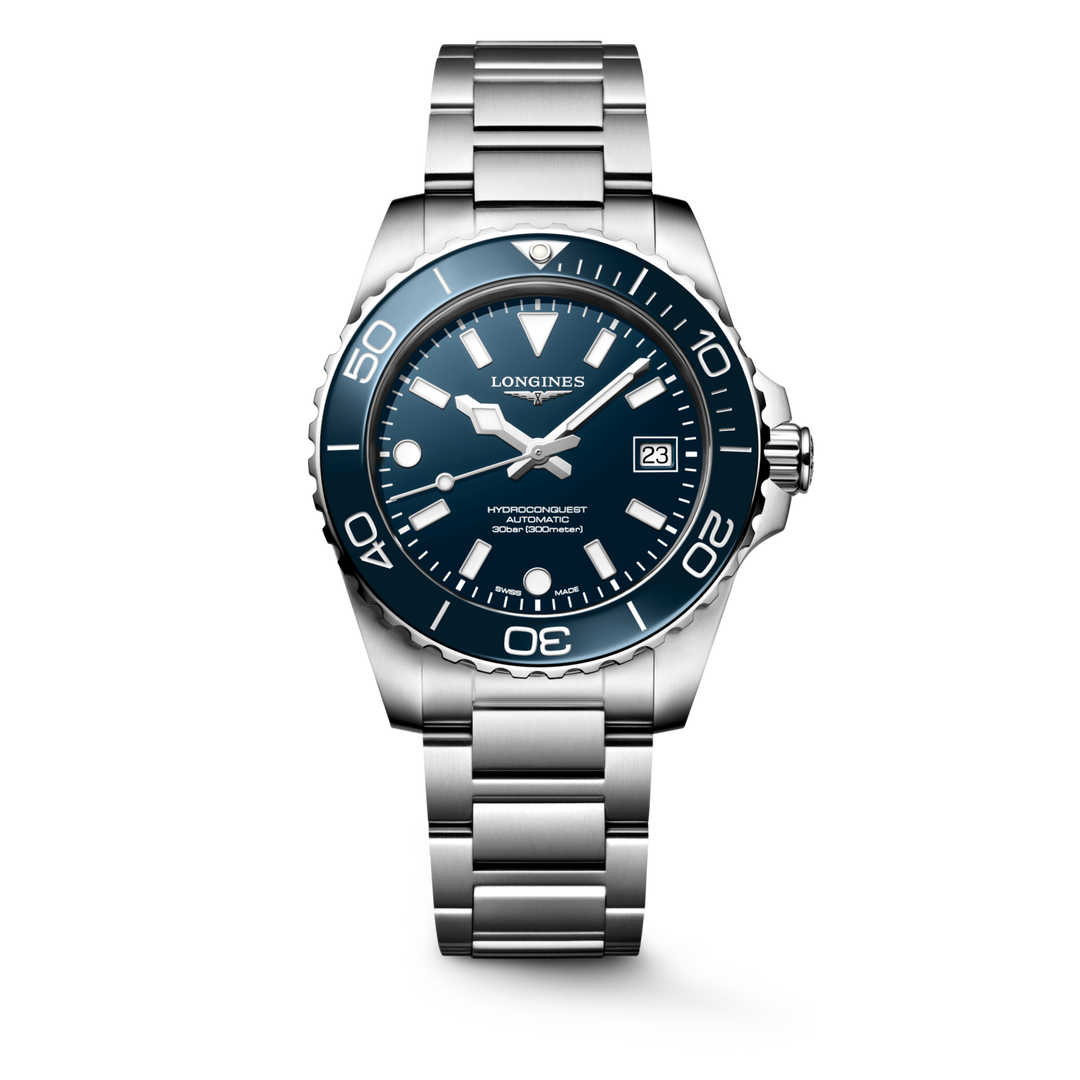 Longines Hydroconquest 39mm L3.779.4.96.6 - bracciale e cassa acciaio - quadrante blu con datario - ghiera blu