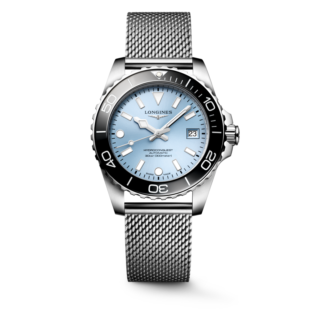 Longines Hydroconquest 39mm L3.779.4.99.6 - bracciale e cassa acciaio - quadrante azzurro ghiaccio con datario - ghiera ceramica nera