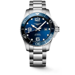 Load image into Gallery viewer, Quadrante blu a raggi di sole del Longines Hydroconquest 43 mm con numeri arabi, indici applicati e lancette argentate lucide con Swiss Super-LumiNova.
