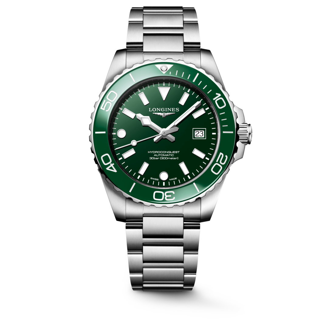 Longines Hydroconquest 42mm L3.788.4.06.6 - bracciale e cassa acciaio - quadrante verde smeraldo con datario - ghiera ceramica verde smeraldo