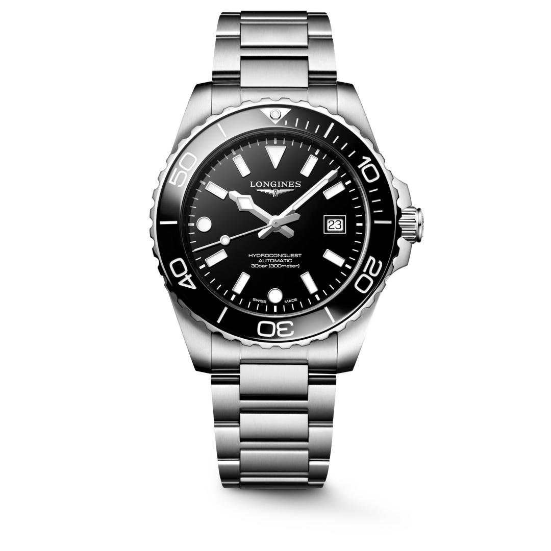 Longines Hydroconquest 42mm L3.788.4.56.6 - bracciale e cassa acciaio - quadrante nero lucido e ghiera nera