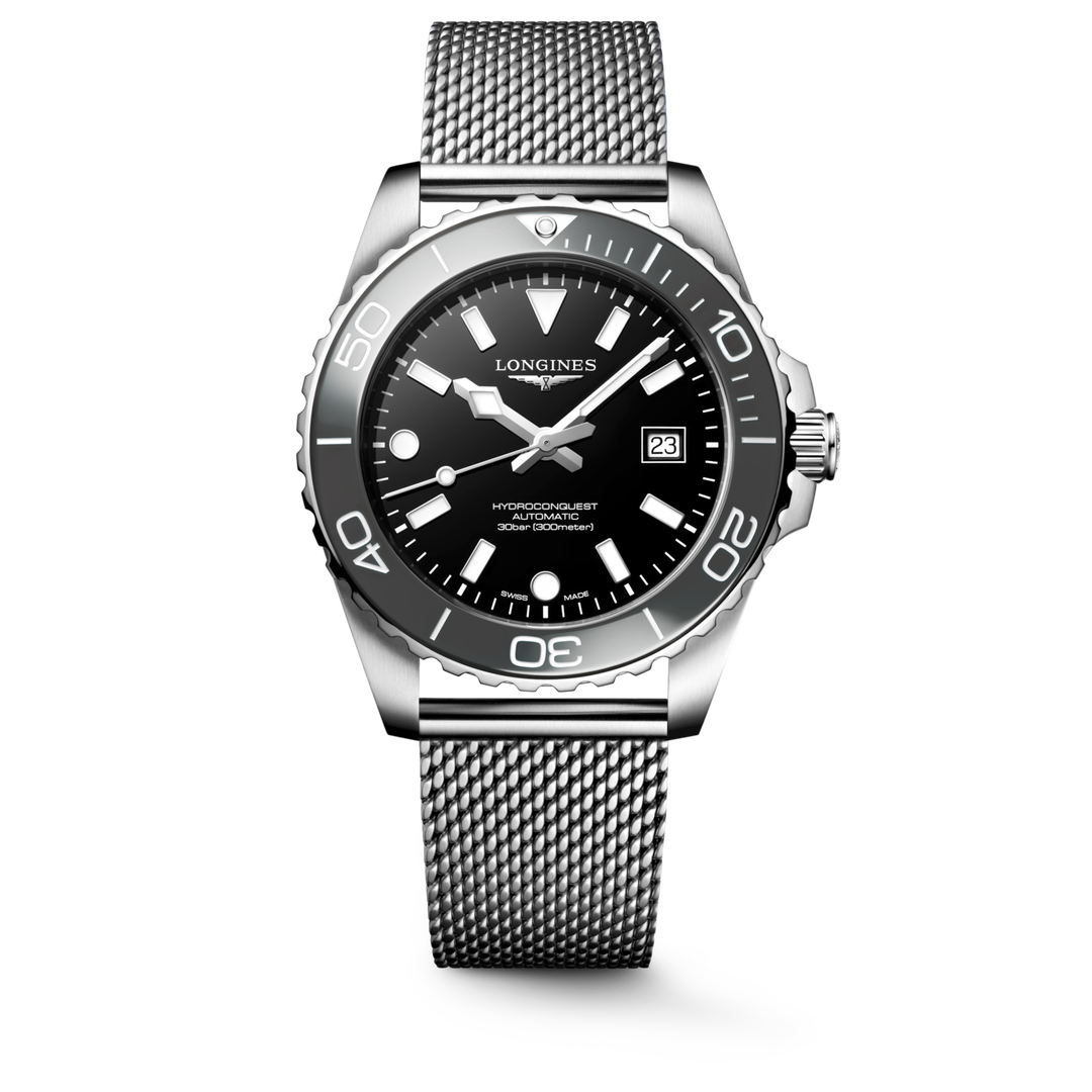 Longines Hydroconquest 42mm L3.788.4.70.6 - bracciale e cassa acciaio - quadrante nero lucido e ghiera grigia - datario