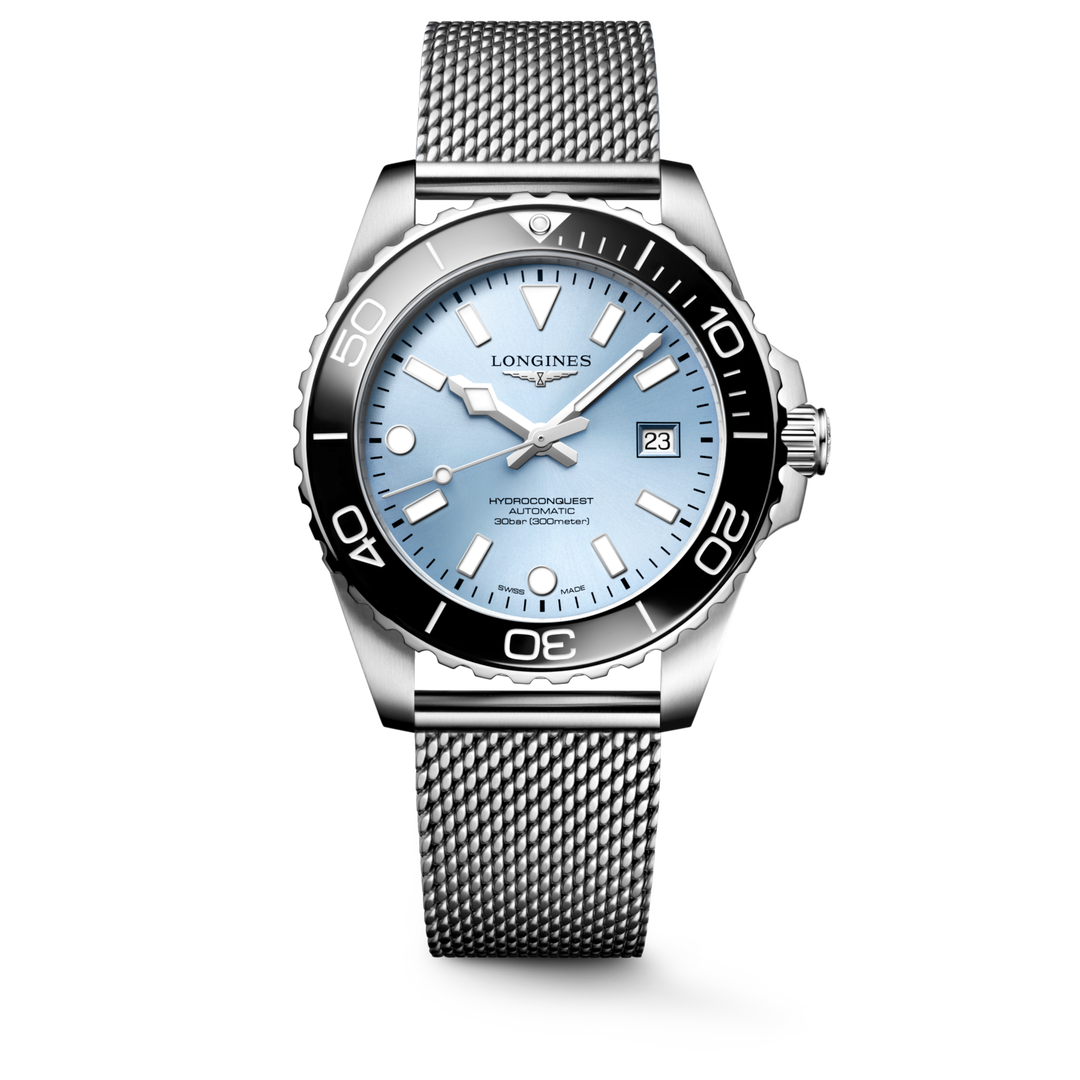 Longines Hydroconquest 42mm L3.788.4.99.6 - bracciale e cassa acciaio - quadrante azzurro ghiaccio con datario - ghiera ceramica nera
