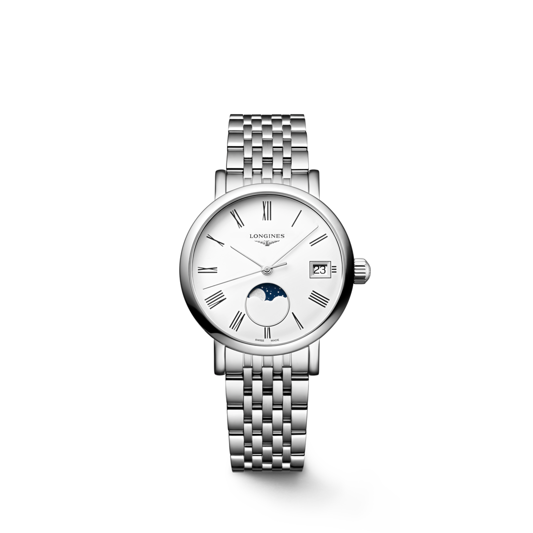Quadrante bianco mat del Longines Elegant Collection Moonphase 30 mm con numeri romani dipinti e lancette argentate lucide, indicatore delle fasi lunari a ore 6