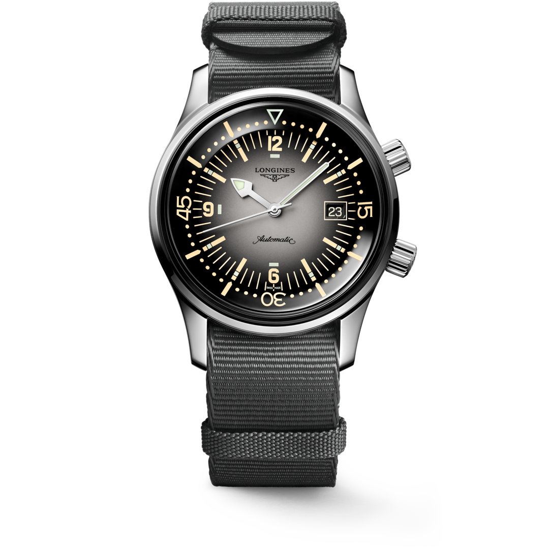 Longines Legend Diver L3.774.4.70.2 - cassa acciaio - cinturino tessuto nero - quadrante grigio/nero con datario